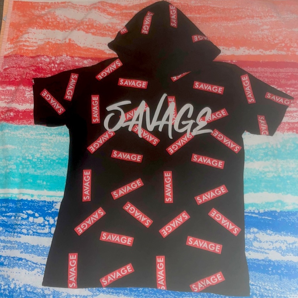 Boys size L SAVAGE hooded short sleeve t-shirt  no rips or stains.